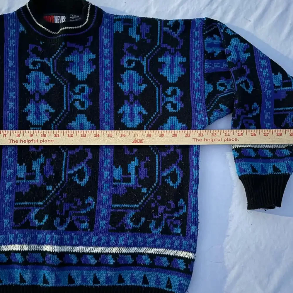 Vintage Todays News Mens Large Geometric Coogie Style Pullover Sweater Blue